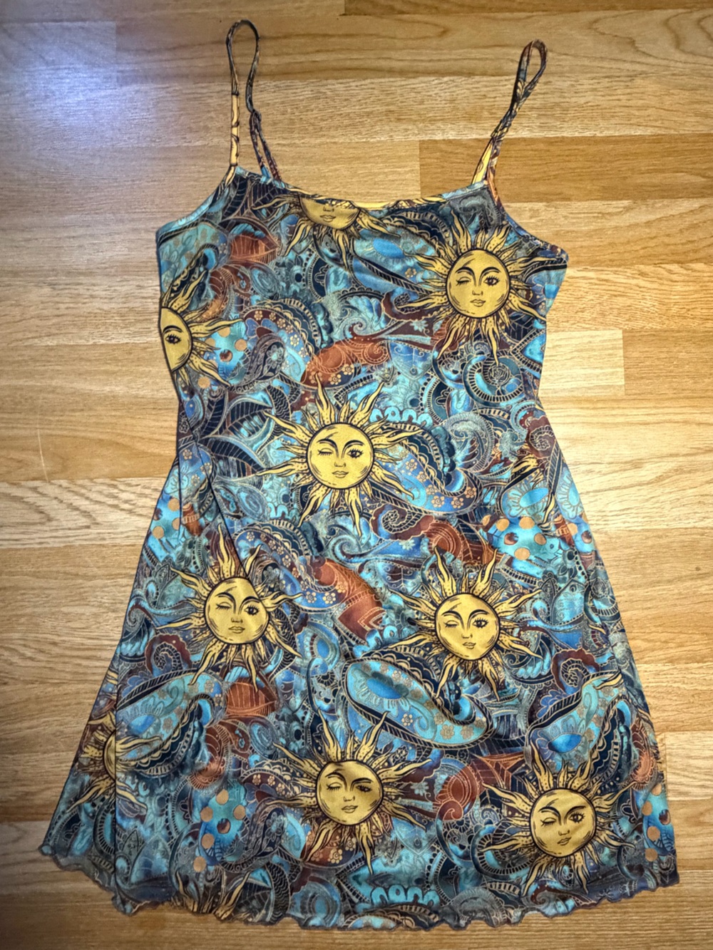 Sun Print Blue Spaghetti Strap Dress
